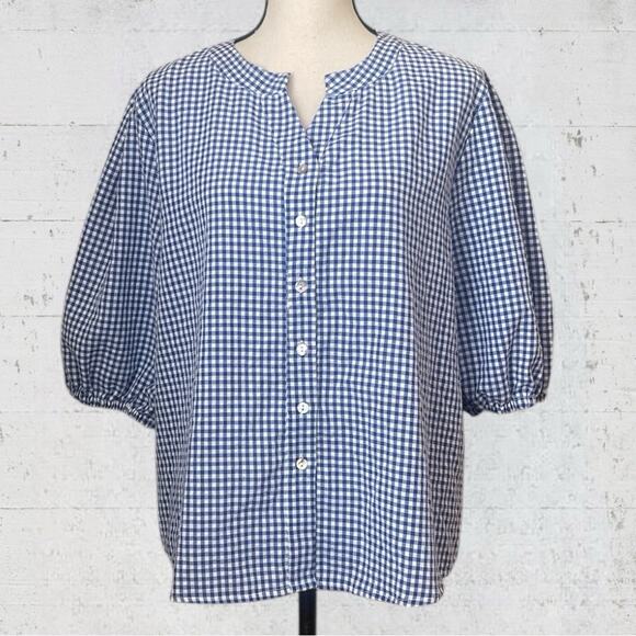 Joie Blue Gingham Button Up Puff Sleeve XL Cottagecore Peasant Homestead Prairie - Picture 1 of 10